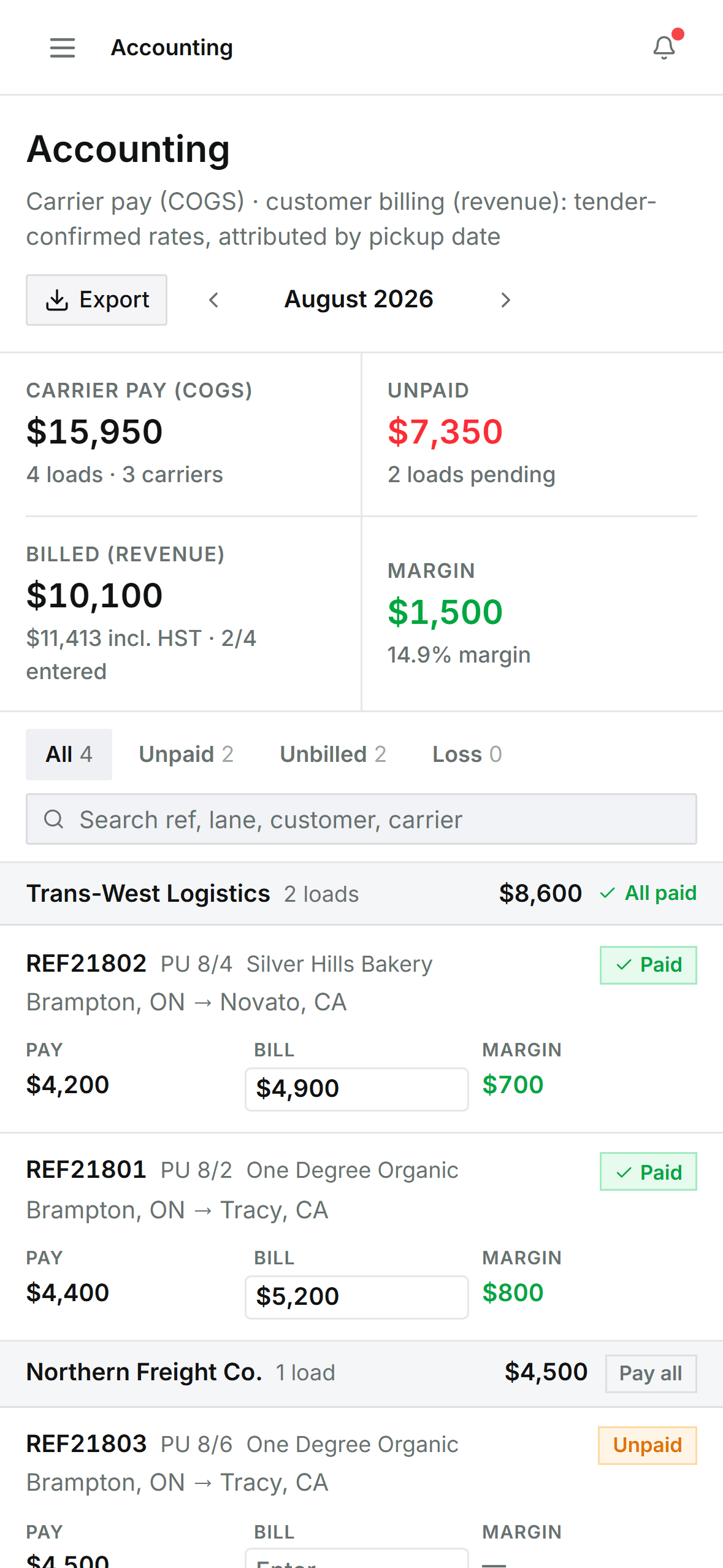 Settlement ledger mobile