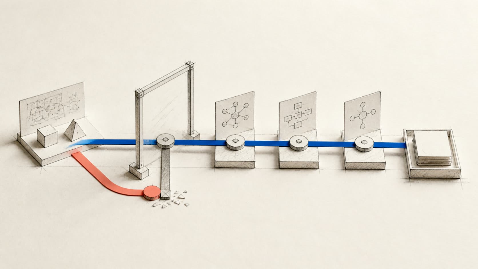 A Where’s My Pallet-blue evaluation path moving from an agency brief through delivery checkpoints while a rejected shortcut exits below the gate